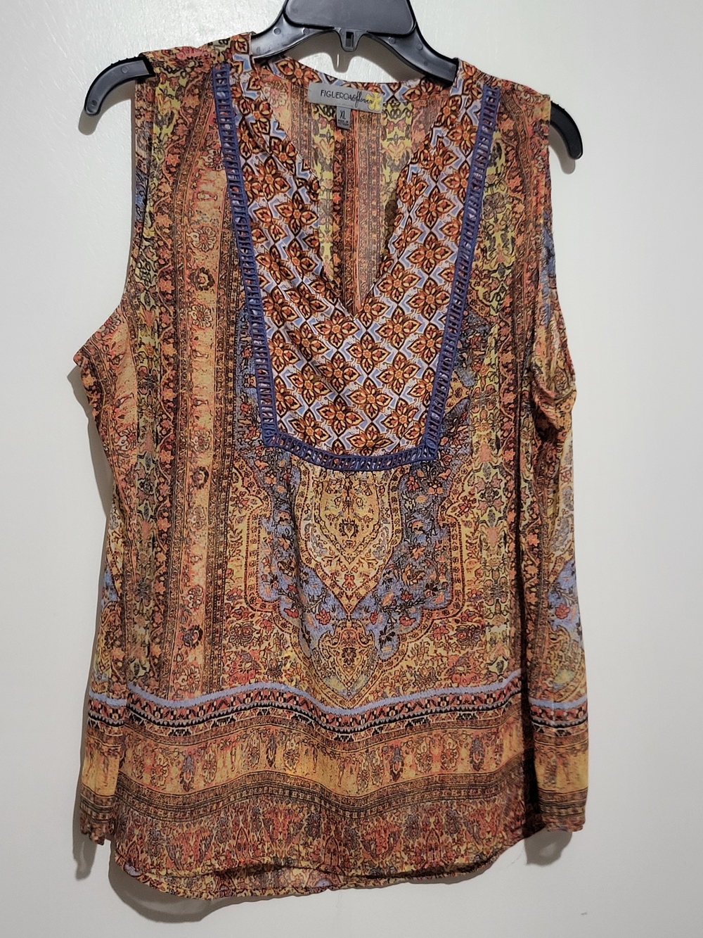Boho Paisley V-Neck Sleeveless Top in Rust, Blue and Gold - FIGLEROOM
